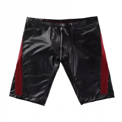 Summer Casual Shorts Men's Soft Faux Leather Zipper Crotch Mesh Splice Low Rise Slim Fit Tight Boxer Shorts