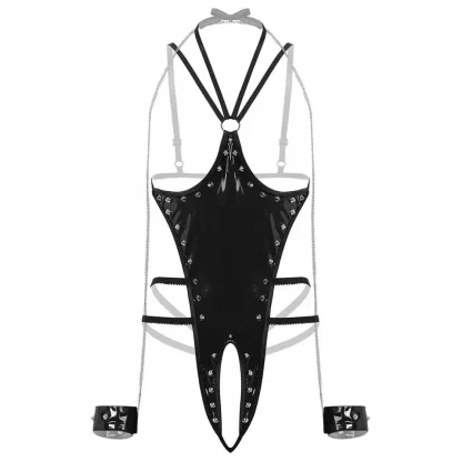 Pvc Leather Sexy Lingerie Crotchless Thong Leotard Halter Neck Bare Exposed Breasts Sex Teddy Erotic Bodysuit For Women