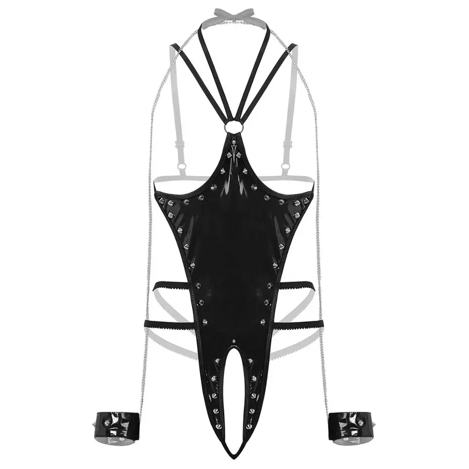 Pvc Leather Sexy Lingerie Crotchless Thong Leotard Halter Neck Bare Exposed Breasts Sex Teddy 