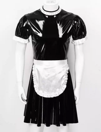 Patent Leather Men Sissy Maid Costume Cosplay Outfit Maid Servant Uniform with Apron Sexy Lingerie Clubwear