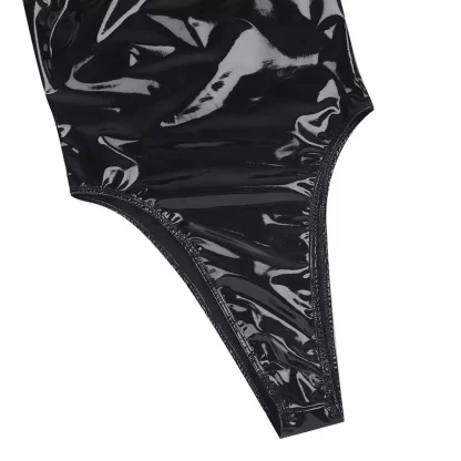 Sexy Black Patent Leather Bodysuit One Piece Wetlook Jumpsuit Clubwear Halter Backless Leotard For Women