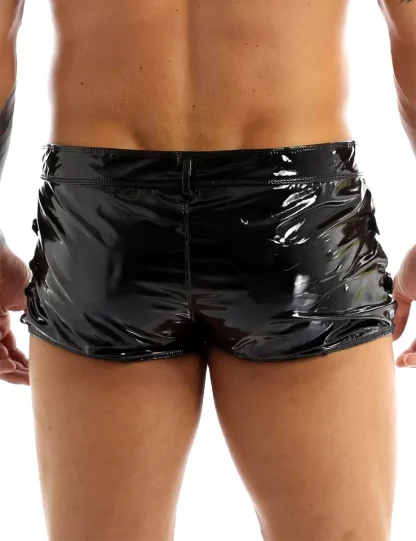 Sexy Mens Shiny Patent Leather Briefs Shorts Fishnet Front Zip Up Lingrtie Underwear