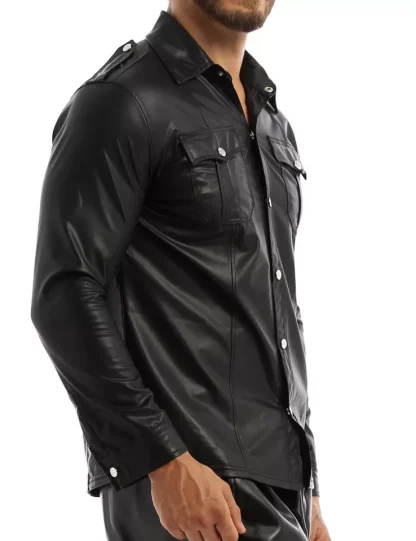 Men Wet Look Patent Leather Long Sleeve Shirt Tops Hip Hop Biker Black Jacket Clubwear