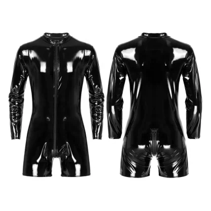Sexy Mens Wet Look Patent Leather Zipper Jumpsuit Long Sleeve Bodysuit for Club Stage Costume