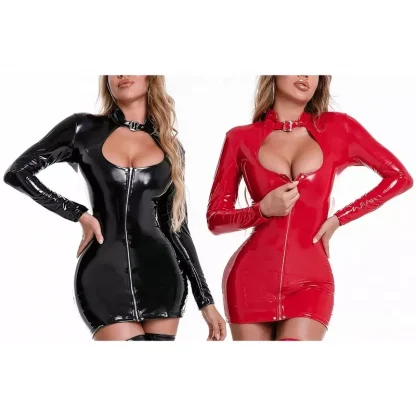 Women PU Leather Long Sleeve Bodycon Dress Low Cut Back Zipper Sexy Clubwear Dress