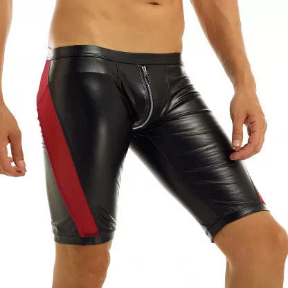 Summer Casual Shorts Men's Soft Faux Leather Zipper Crotch Mesh Splice Low Rise Slim Fit Tight Boxer Shorts