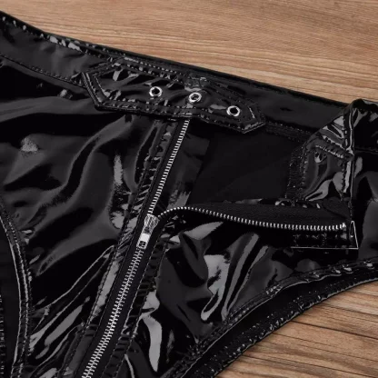 Women Pvc Front Zippered Panties With Belt Briefs Wet Look Erotic Thong Lingerie High Cut Cool Ladies Black Underwear