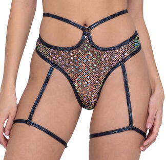 6232 Sequin Fishnet High Waisted Shorts with Attached Wrap Around Garter