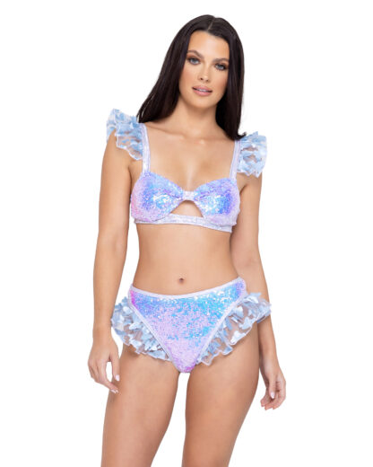 6242 Sequin Keyhole Top with Butterfly Ruffle Trim