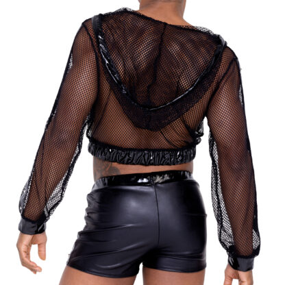 6328 Cropped Fishnet Hoodie with Stud Detail
