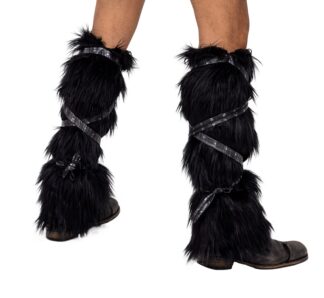 Pair of Black Faux Fur Leg Warmers with Strap Detail
