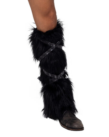 Pair of Black Faux Fur Leg Warmers with Strap Detail