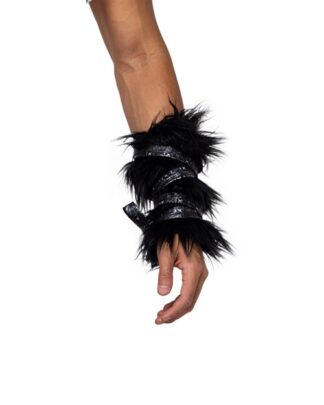 Pair of Black Faux Fur Cuffs with Strap Detail